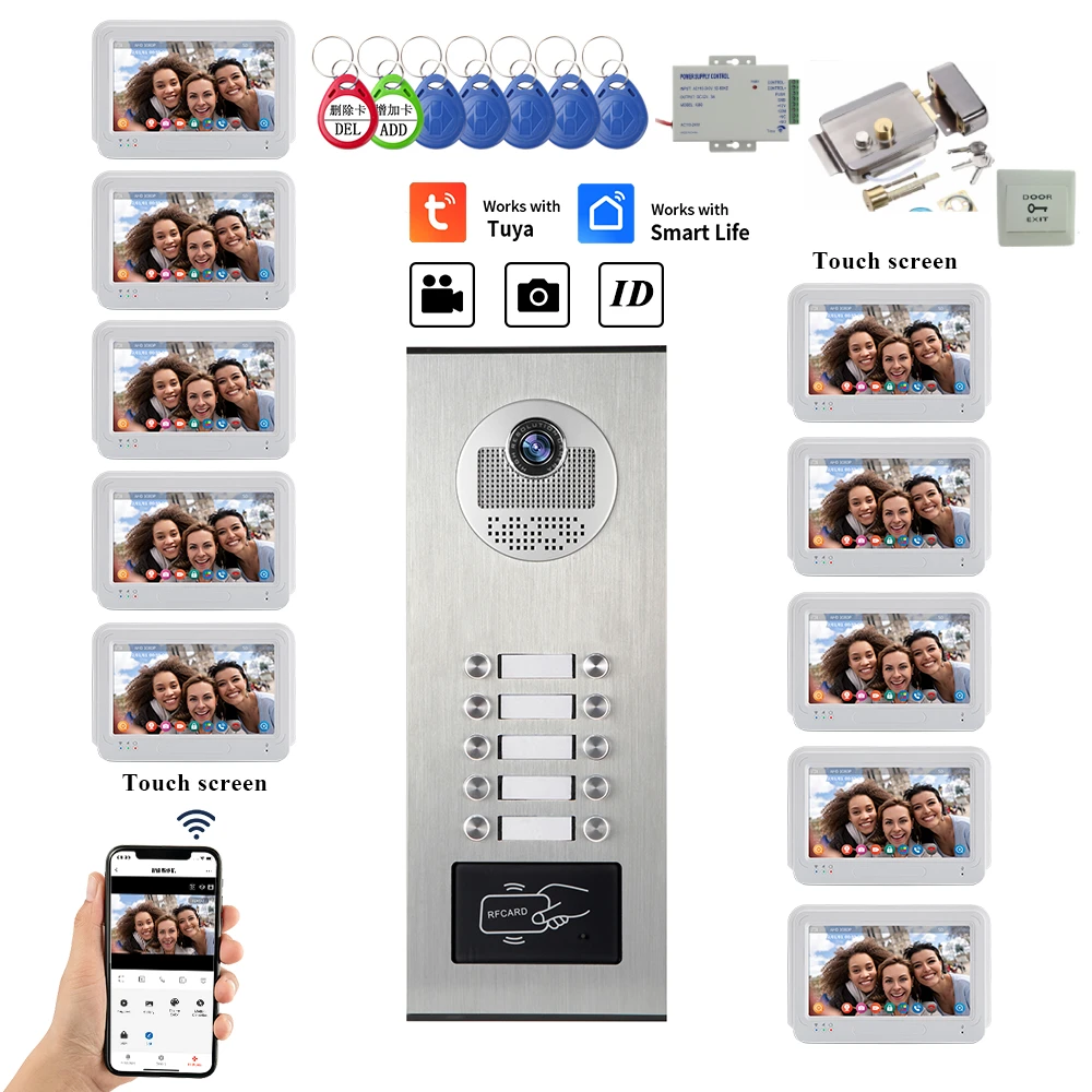 7 Inch WiFi Video Intercom TUYA Smart Home APP Video Door Phone RFID Access Control System for 2~12 Villa Apartments