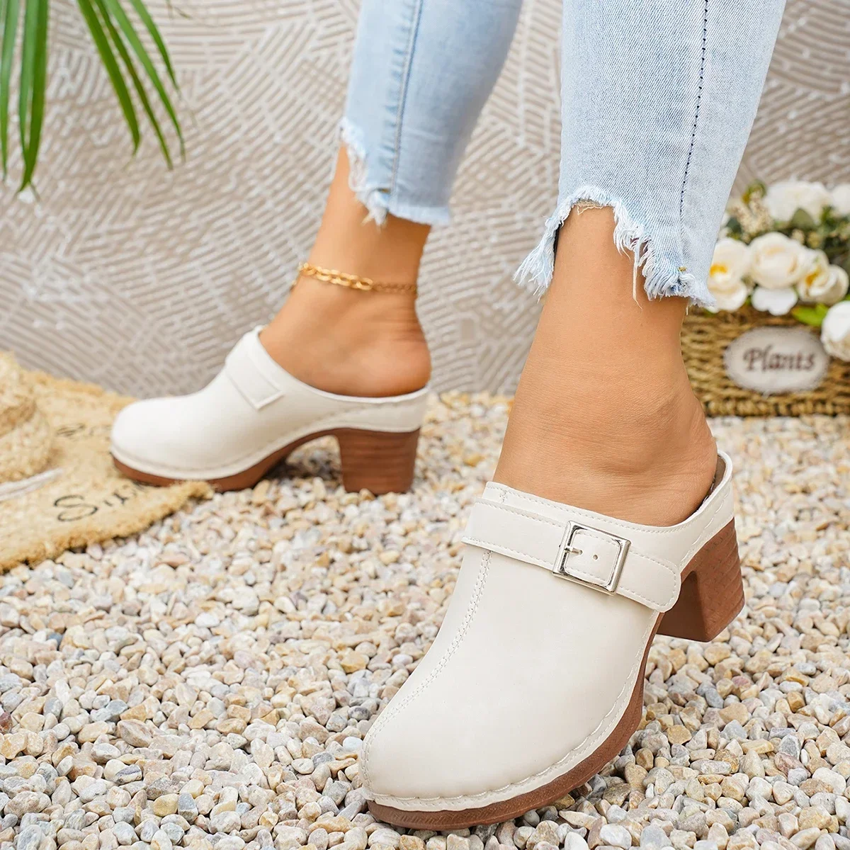 Damen Mules Pantoletten mit hohem Blockabsatz, geschlossene Zehenpartie, zum Hineinschlüpfen, Vintage, Sommer, lässig, bequeme Gehschuhe, Größe 36-43 – Detail 26