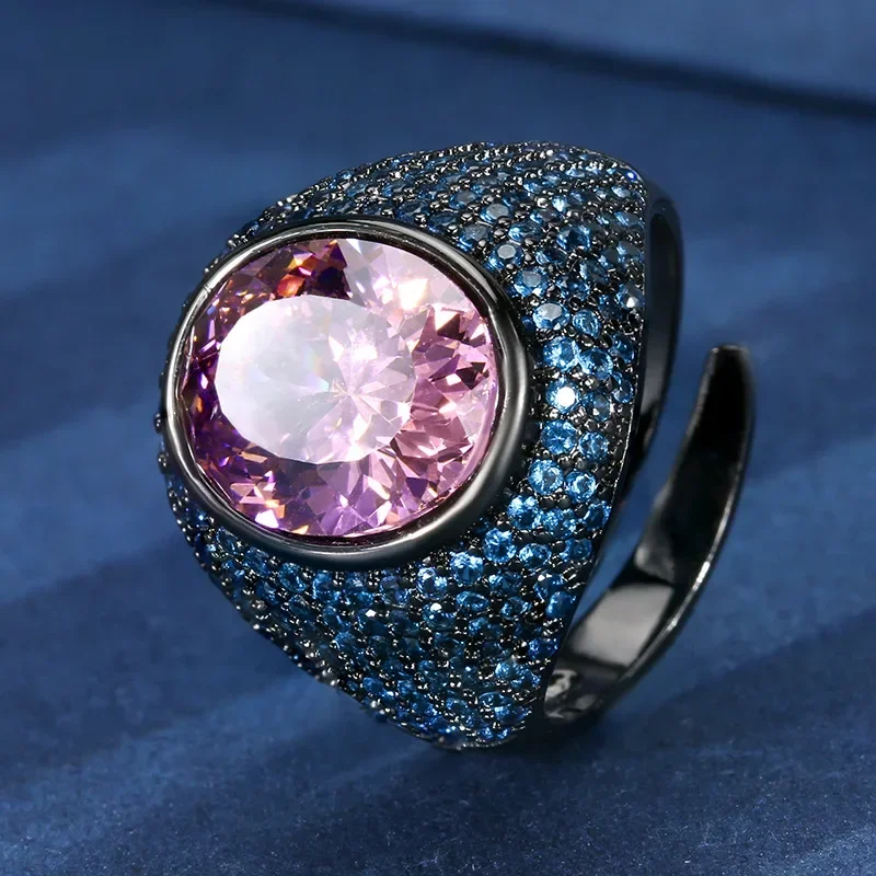Black Light Surface Inlaid Red Blue 5A Cubic Zirconia Stone 10*12 Adjustable Ring for Women Party Fine Jewelry Anniversary Gift