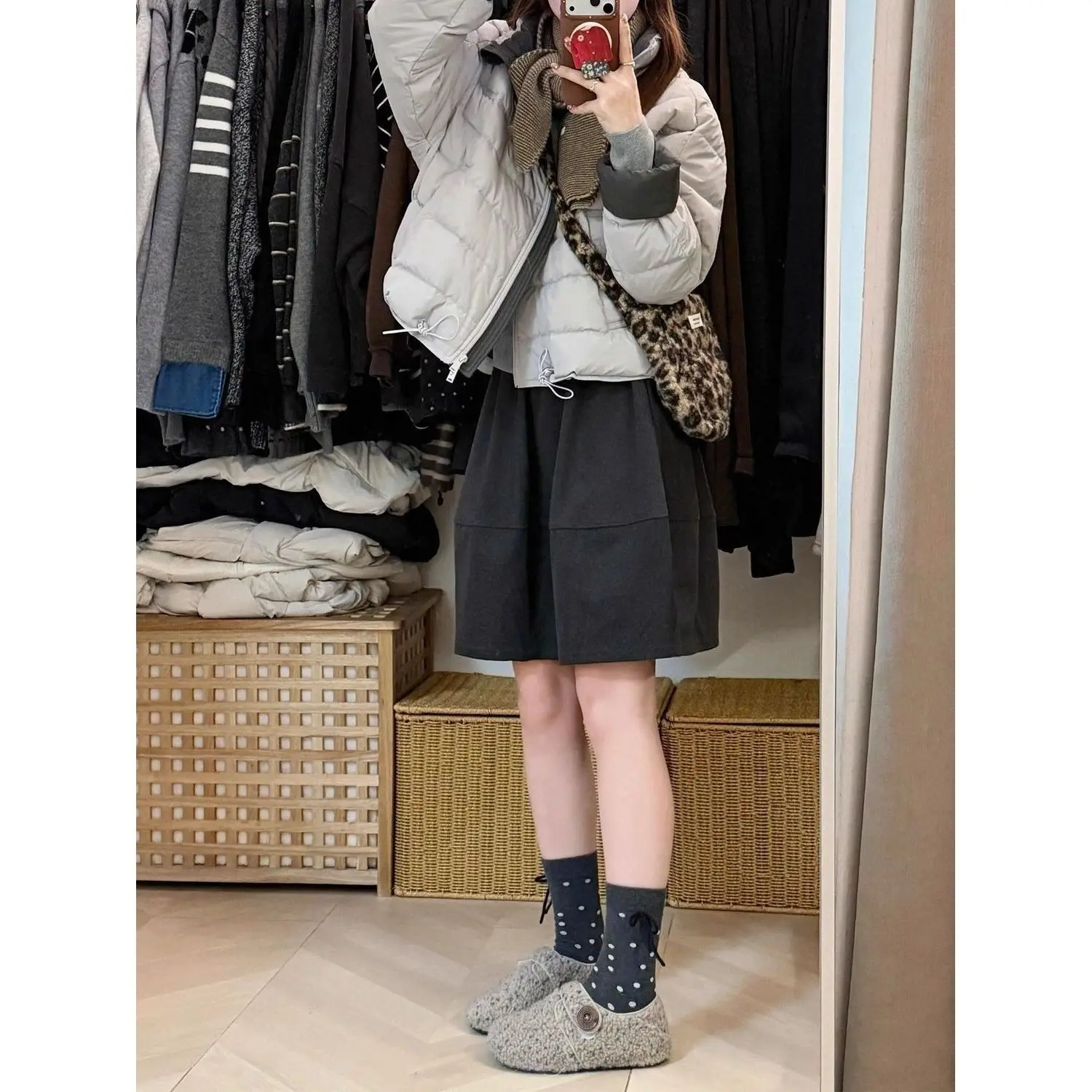 

Slimming Mid-Calf Skirt in Dark Grey with Flower Bud Design Elastic Waist Hip Concealing Woolen Material Korean Style Polyest...