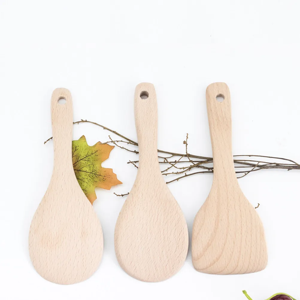 Natural Wood Rice Spoon Ergonomic Handle Home Kitchen Non-Stick Rice Paddle Spoon Stir Soup Coffee Curry Sauce Mixing