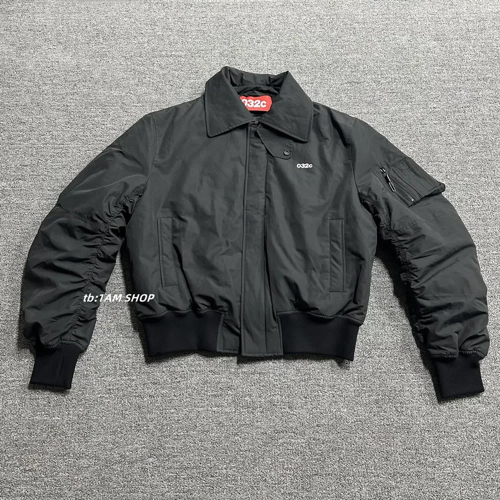 032C black silhouette short wide bomber zip multi pocket jacket
