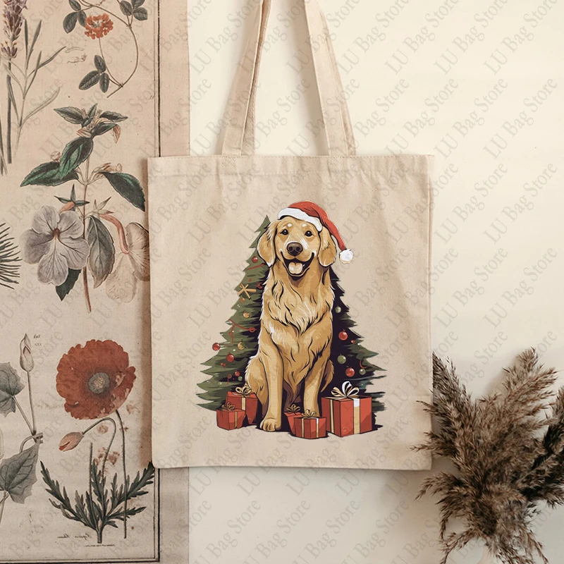 Bolso de mano con patrón navideño de árbol de Navidad y divertido Papá Noel Golden Retriever, bolsos de hombro de lona para el día a día, el mejor regalo para Navidad