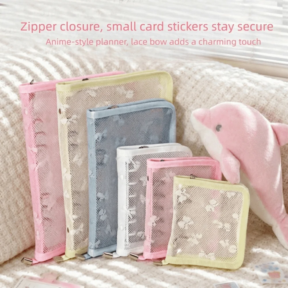 Bow Decoration Ring Binder Album A6 Size Lace Photo Collection Book Zipper Closure Stationery Organizer Book Postcard Organizing