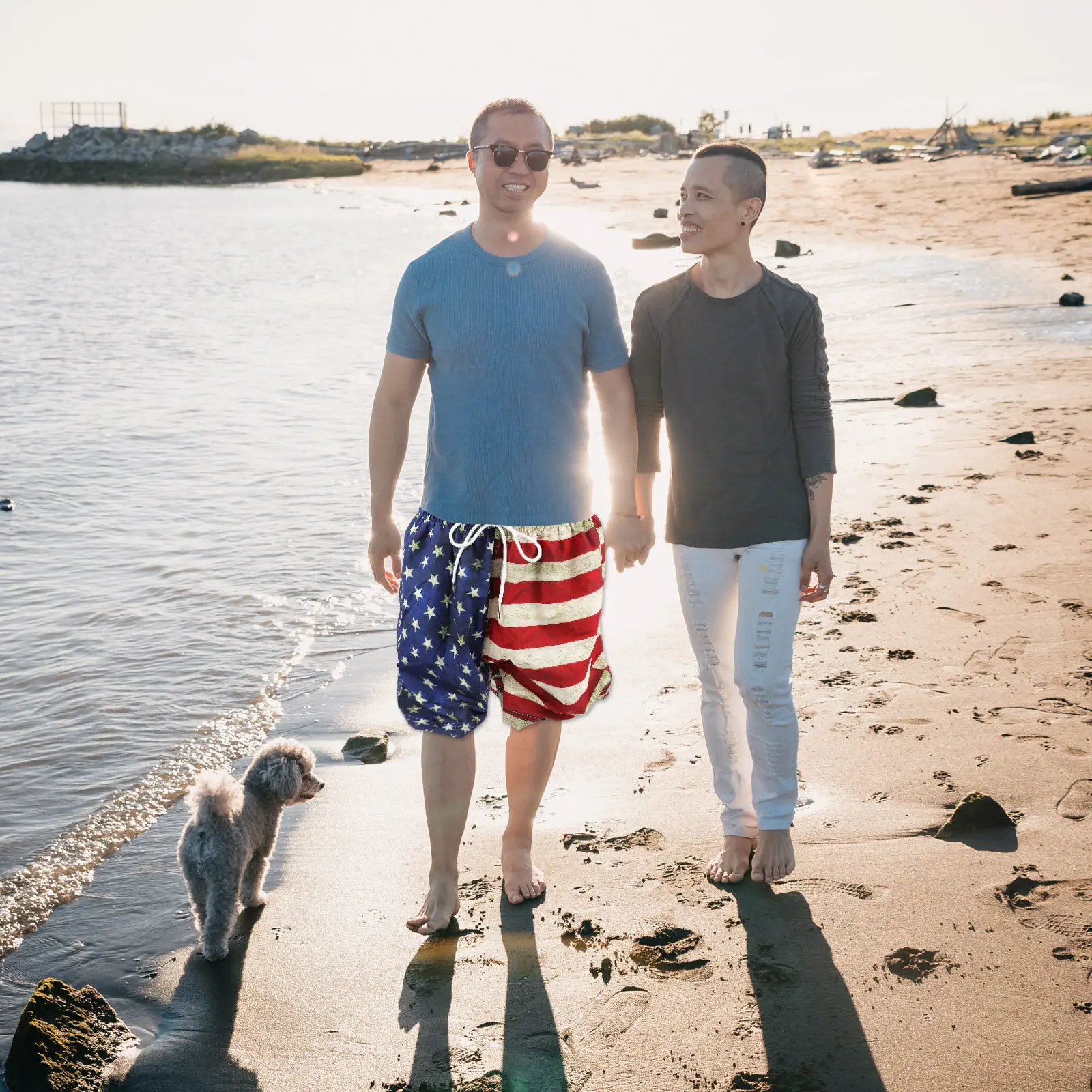 1Pair Usa Flag Printed Men's Quick-Dry Breathable Swimming Trunks for Surfing Fitness Outdoor Activities Summer