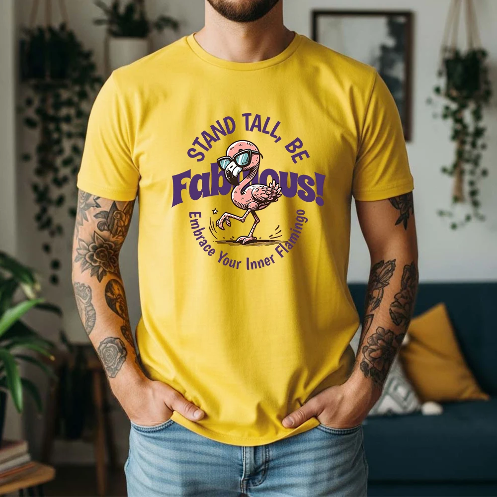 New Summer Men's 100% Cotton T-Shirt Cool Flamingo With Sunglasses Casual Breathable Short Sleeve Daily Wear