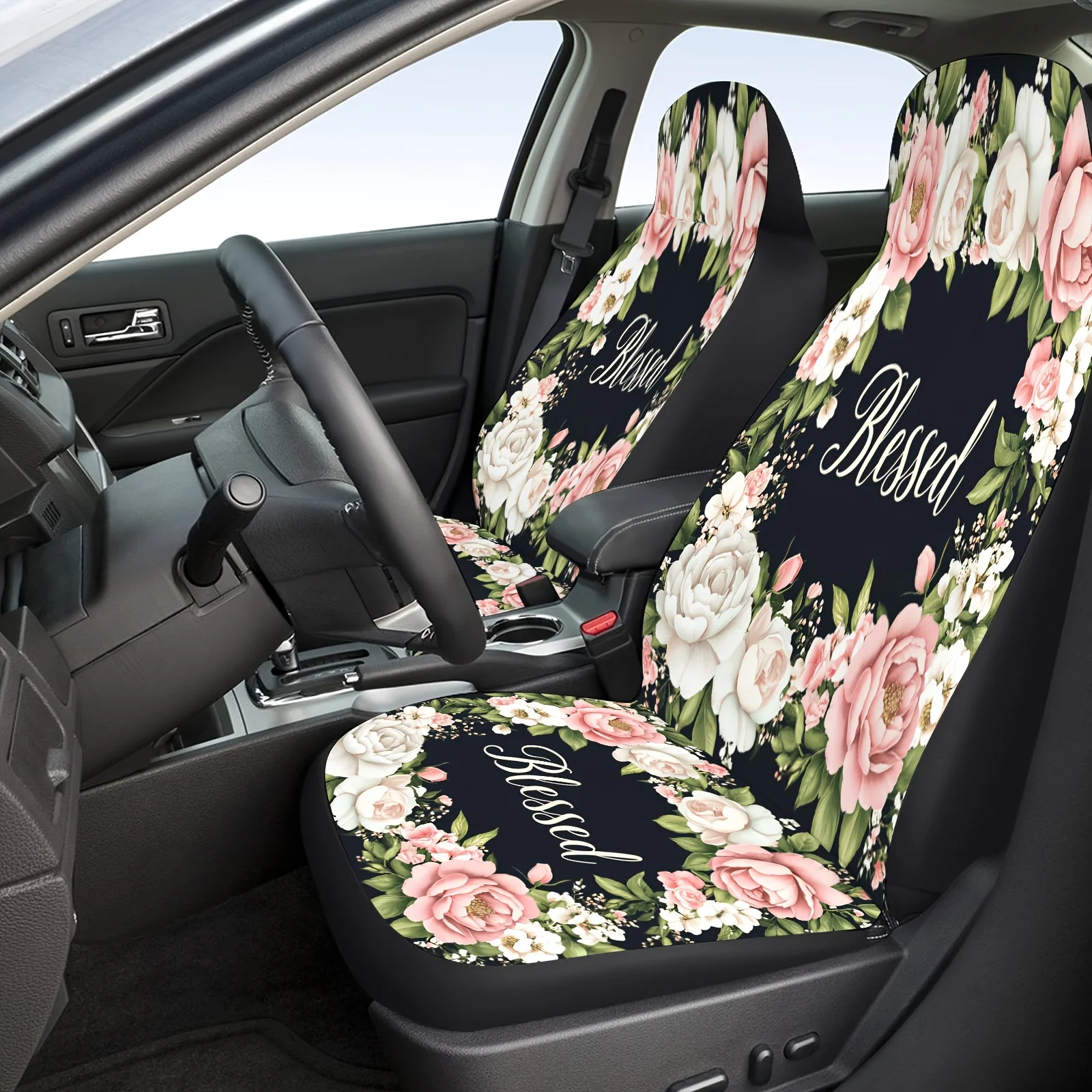 Blessed Floral 2D Flat Pattern Car Seat Cover For Cars Trucks, Fashionable Breathable Car Seat Protector Covers Full Set, Univer
