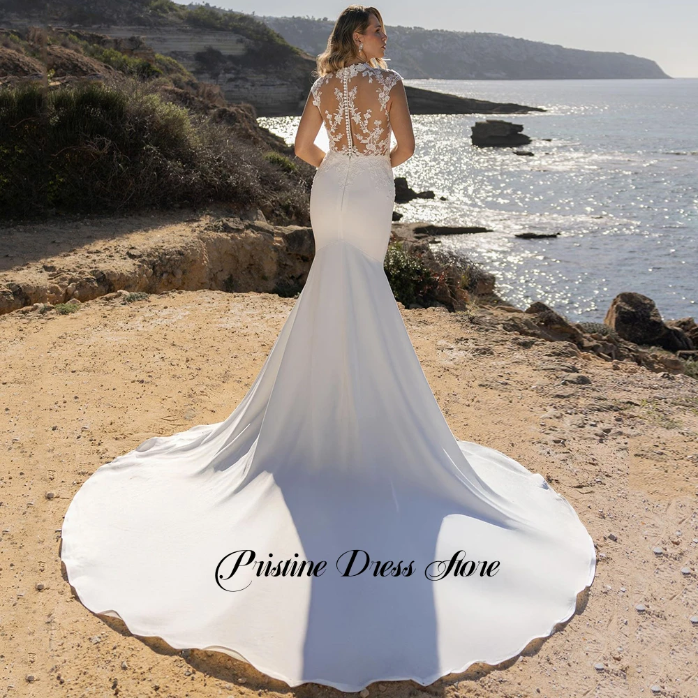 White Cap Sleeves Bohemian Mermaid Wedding Dress 2026 Customized Lace Appliques High Neck Bridal Gowns  with Court Train