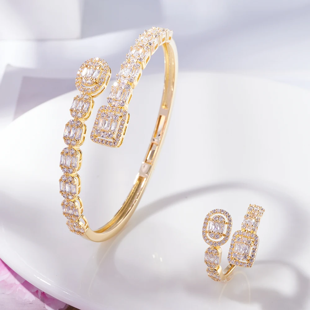 020001 Trendy Bangle Set For Women Cubic Zirconia  Jewelry Cuff Bangle Ring Dubai Wedding Party Engagement Hand Accessories