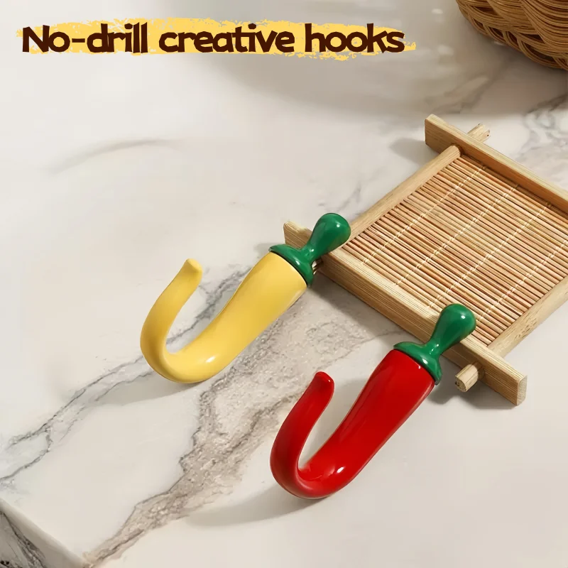 2/6Pcs Red/Yellow/Green Chili Hooks, No Drill Adhesive Wall Hooks, Creative Decorative Hooks for Bathroom Kitchen Bedroom