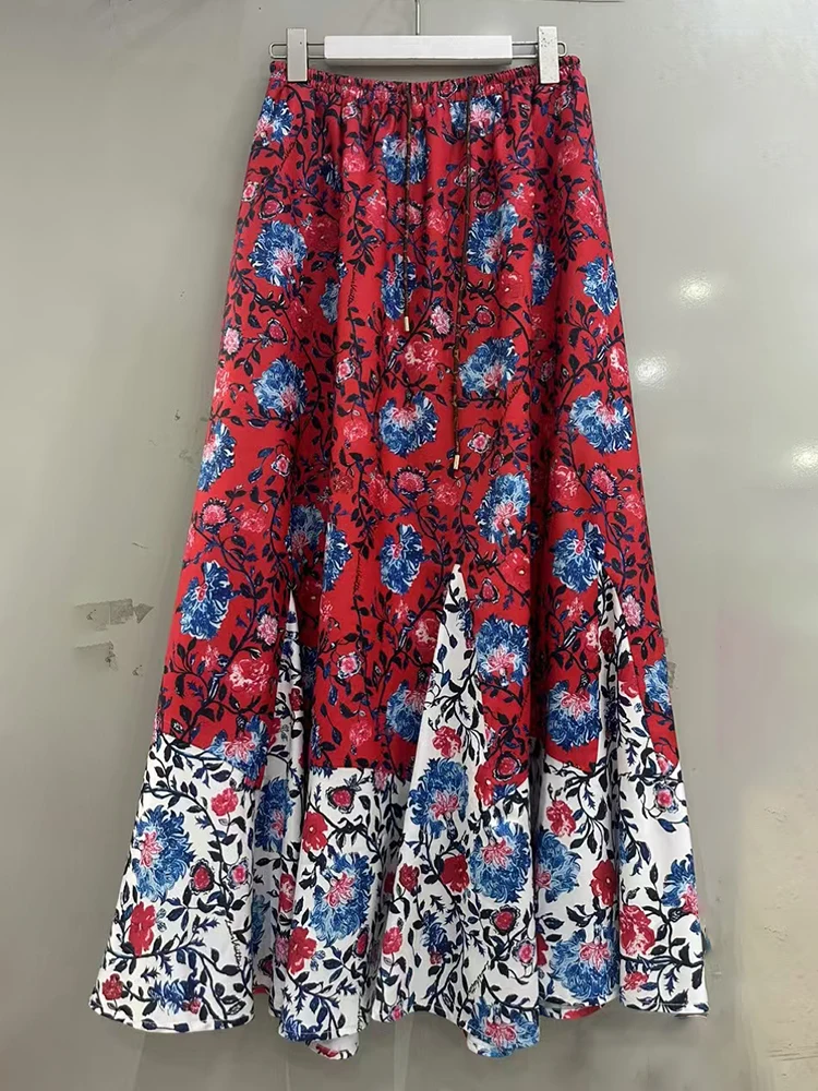 Jupe taille haute élastique imprimée rétro de styliste, mode femme automne 2025, jupe bouffante plissée polyvalente, ample et large