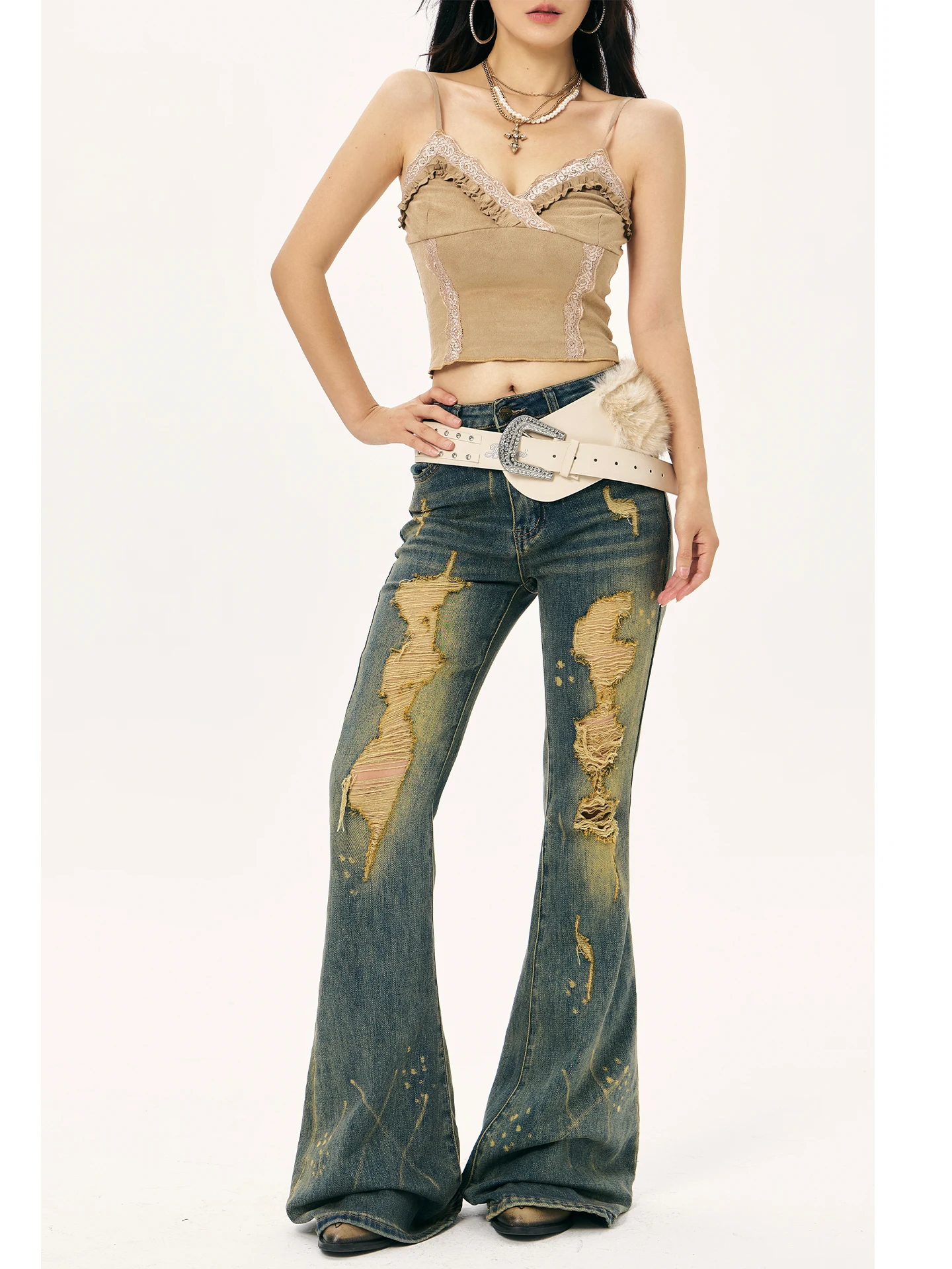 

GeGe op American Retro Hot Girl Sle Jeans Women's High Waist Slimming Micro Flared Pants Cotton Stretch Zipper Closure