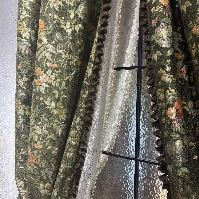 American Dark Green Printed Thick Chenille Curtains for Living Room Bedroom Partition Curtains Customized Finished Products