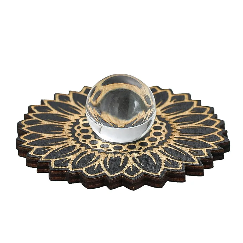 9cm Natural Wooden Laser Buddhist Lotus Sunflower Plank Mats Crystal Ball Display Stand Wiccan Tarot Cards Astrology Props Board