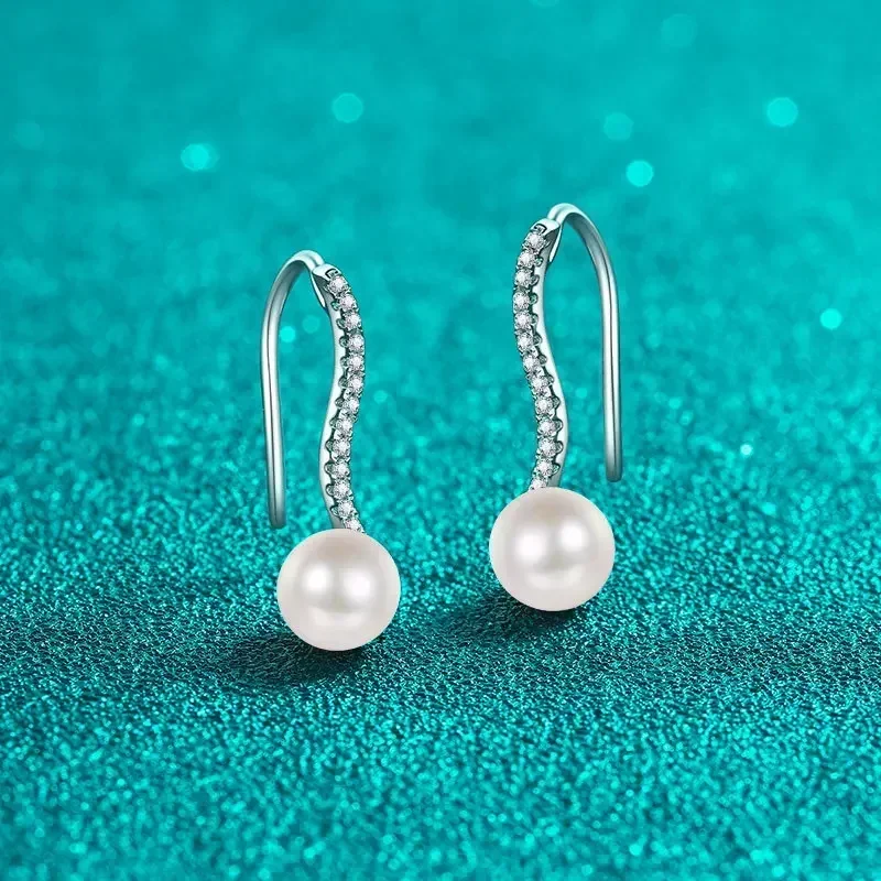 Elegant 6mm Freshwater Pearl Wavy Row Platinum Earrings for women, 14 point Moissanite Diamond Pt950 Earring Fine Jewelry Gifts