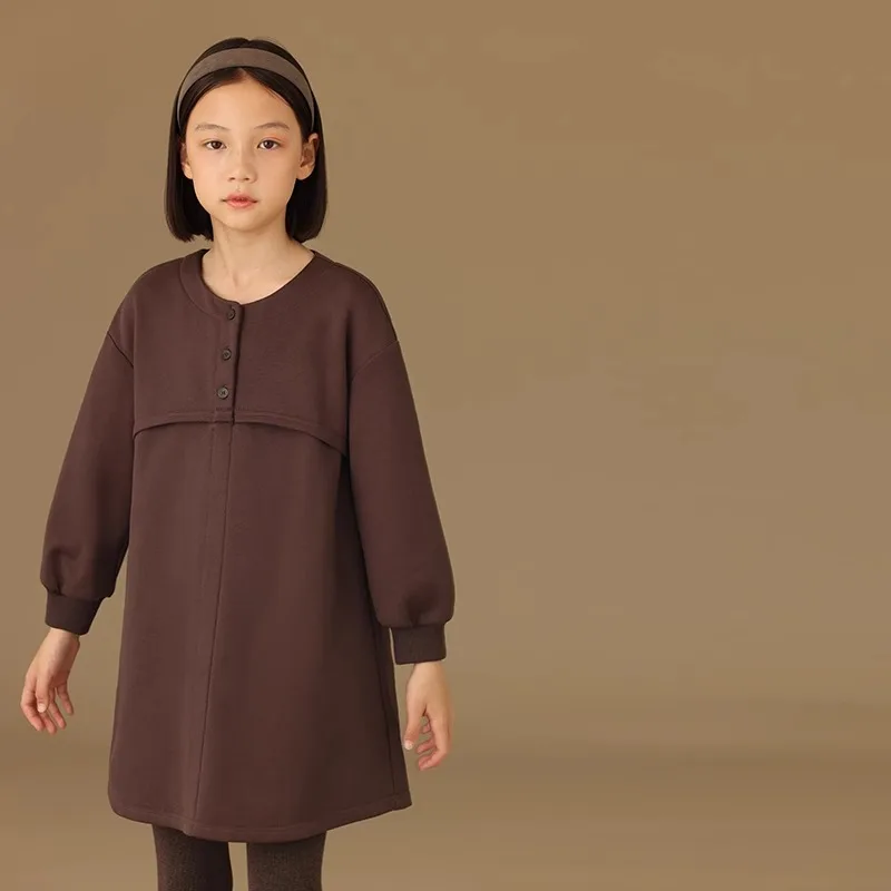 

24 Childern's Clothing Autumn Long Sleeve Shirt Trousers Casual Solid Brown Dress Button Henley Neck Pullover Skirt