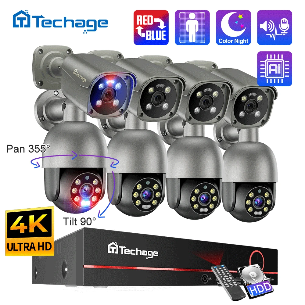 

Techage H.265 8CH Ultra HD 4K POE NVR Set Two-way Audio Smart AI Human Detected 8MP CCTV Video Outdoor Security IP Camera System