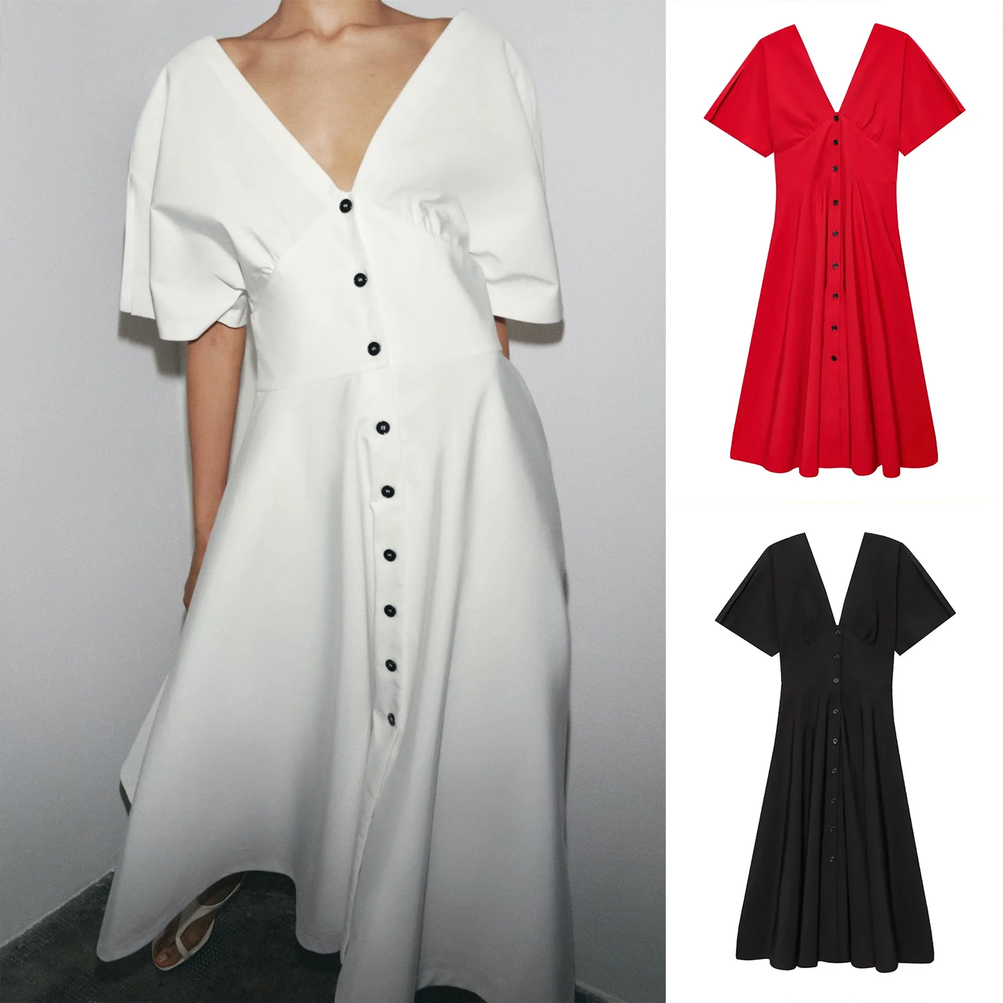 صيف جديد للمرأة V-ne ort Sve ألف خط ميدي الدكتور زر مزين عالية الخصر ألياف البوليستر الأساسية Sle قطعة واحدة