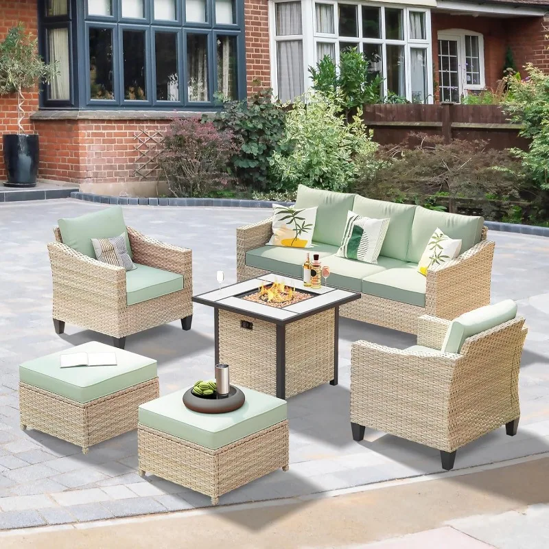 6-Piece Wicker Patio Furniture Set with Fire Table, Conversation Set with Water Resistant Thick Cushions, Outdoor Sectional Sofa