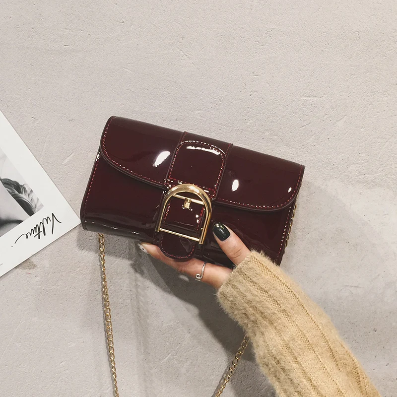 Vintage Lady Wine Red Chain Dinner Bag 2023 New Lacquer Leather Bright Faced Crossbody Bag Light Luxury Elegant Shoulder Bags