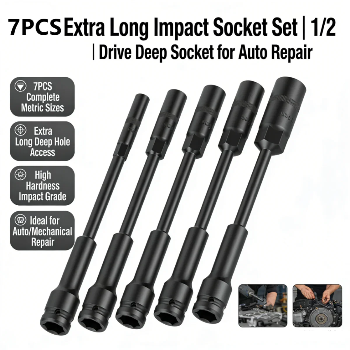 

200mm Extra Long Impact Hex Socket 1/2" Drive 6 Point Air Socket Wrench Head 8mm 10mm 12mm 13mm 14mm 17mm 19mm Thin-wall