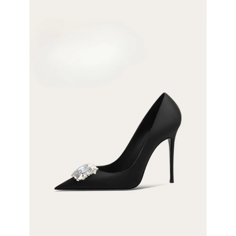 

Elegant Black High Heels with Crystal Square Buckle Removable Decor for Women