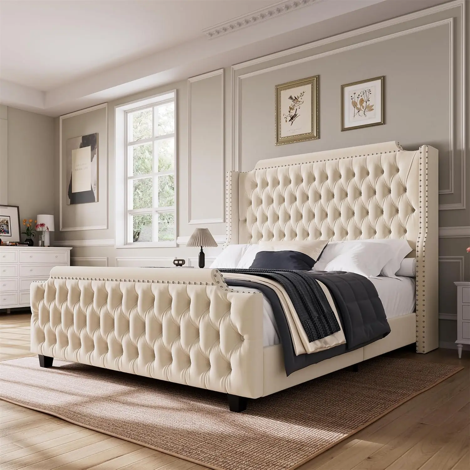 

HOSTACK Queen Size Platform Bed Frame with 54" Tall Wingback Headboard & Deep Button Tufted Footboard, Velvet Upholstered Bed Fr