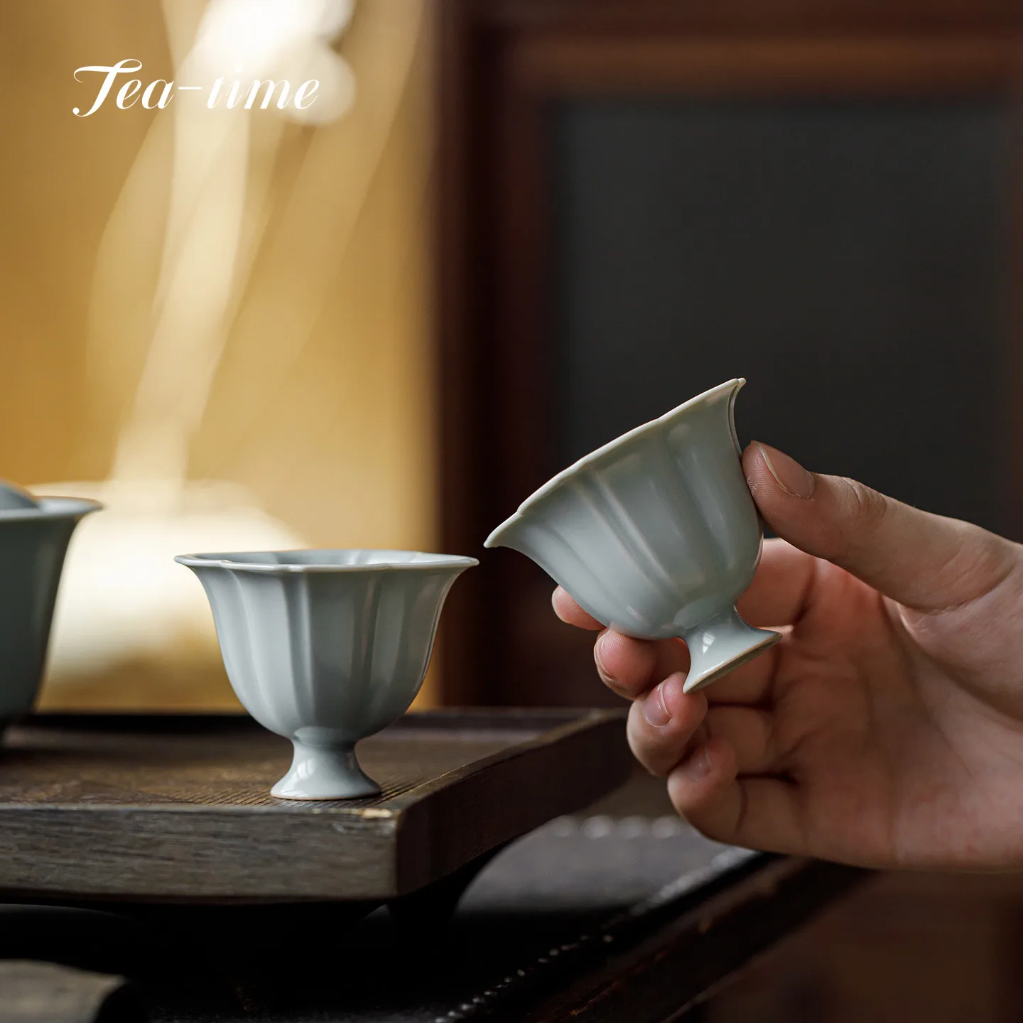 Taza de té de cerámica azul cielo hecha a mano con diseño de pétalos, tazas de mate, tazas inusuales, utensilio de cerámica hermoso para la preparación de Pu-erh
