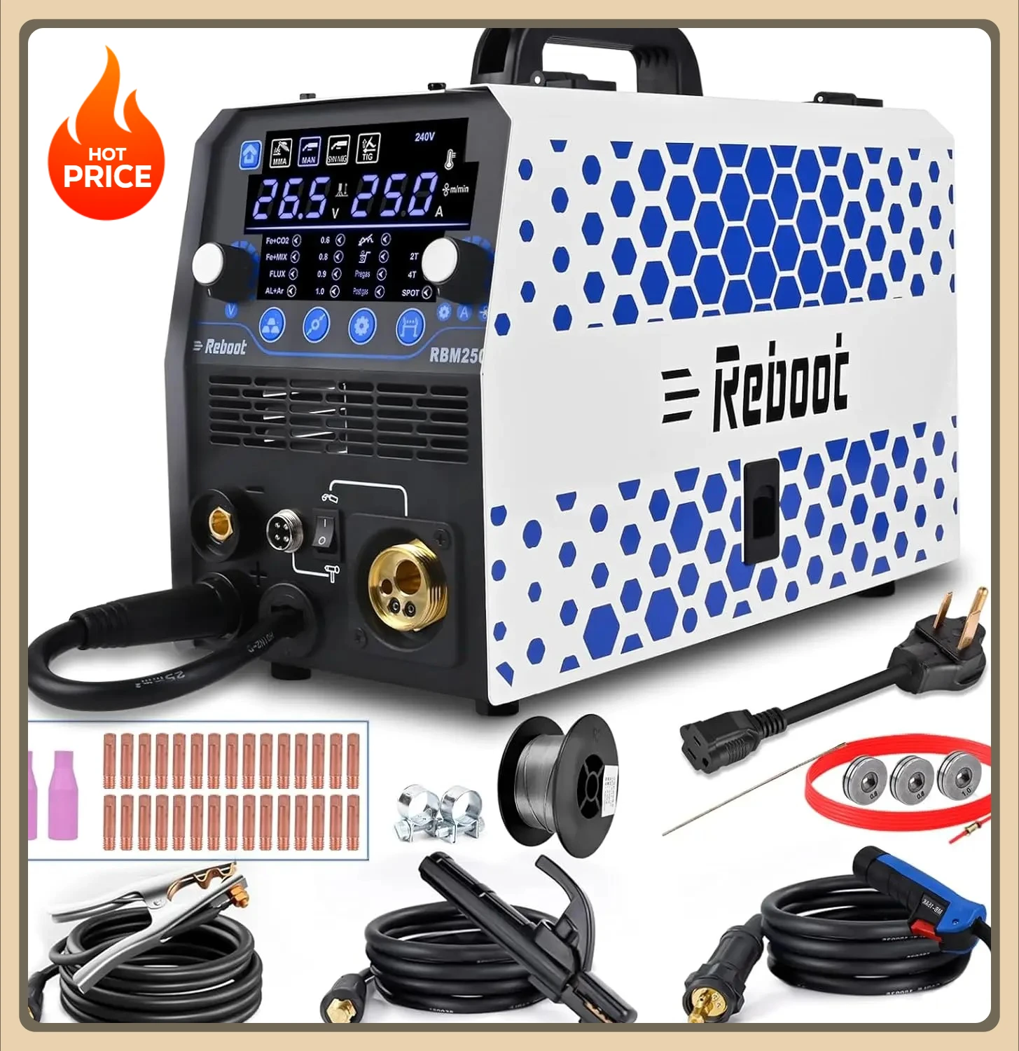 

Flux Core MIG/Stick/Lift TIG/Spot Welding/Spool Gun 6 in 1 Gas/Gasless Aluminum 250Amp Multi Process Welding Machine 120V/240V