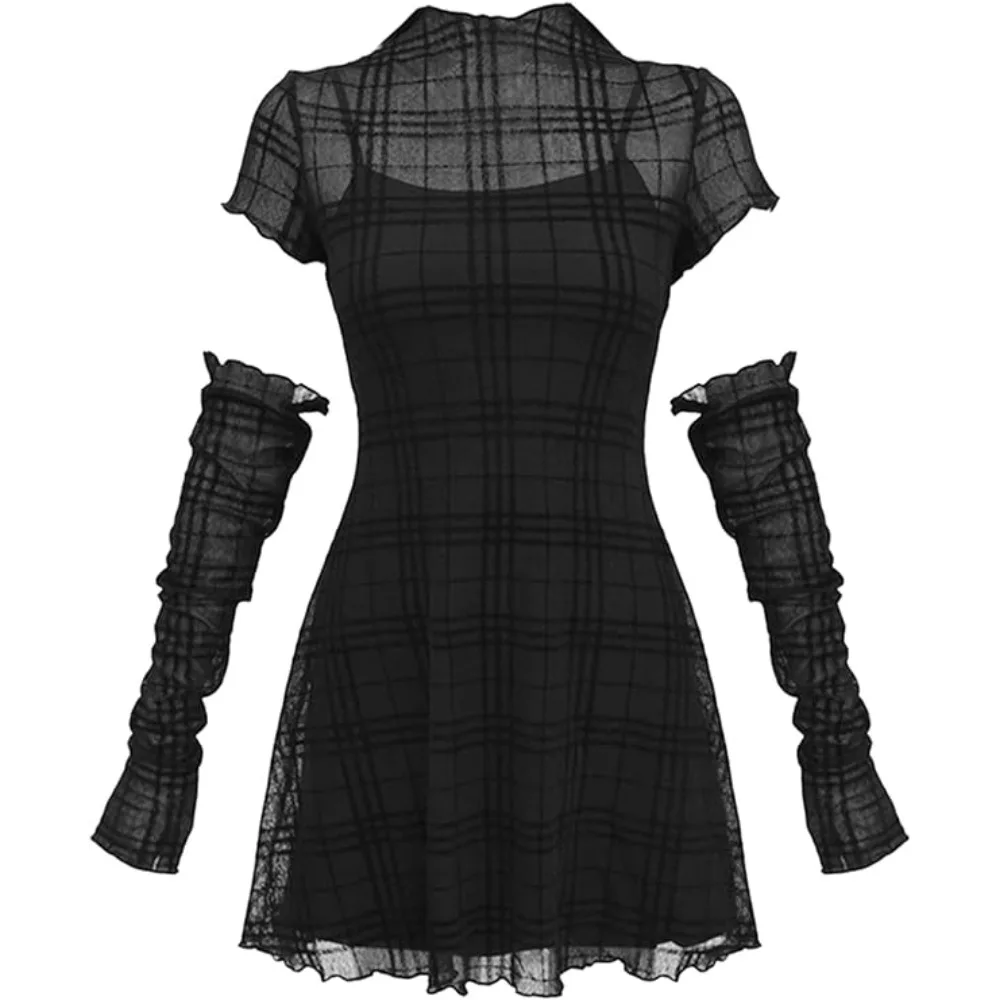 

Meowcos Women’s Gothic Punk High Collar Short Dress with Long Arm Covers for Halloween Cosplay Costumes