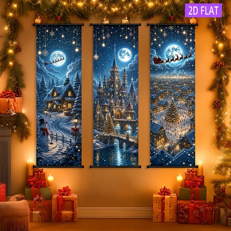 VIKAMA Christmas 3-Piece Wall Banner Set, Snowman Santa Reading Book Night Scroll Tapestry for Xmas Bedroom Decor