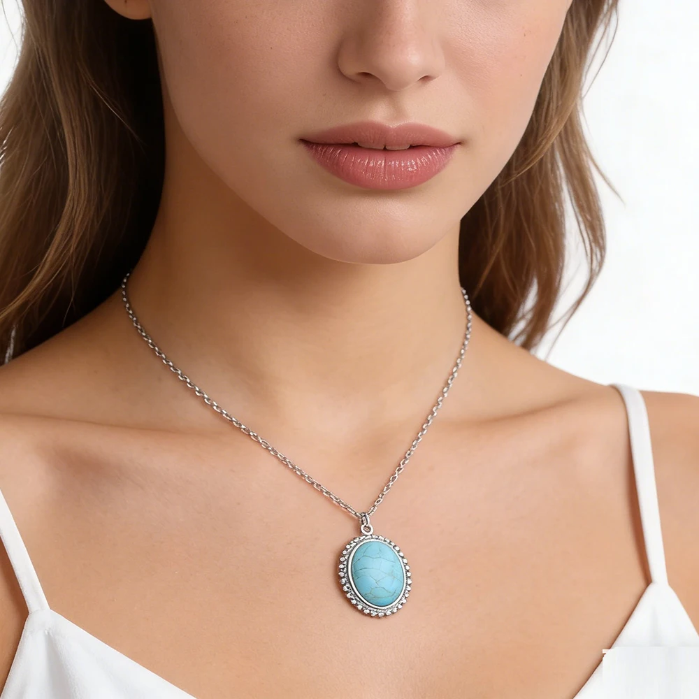 Skyrim Luxus-Halskette mit ovalem Türkis-Anhänger für Damen, Edelstahl-Halsketten, Choker, blauer Stein, Schmuck, Valentinstagsgeschenk