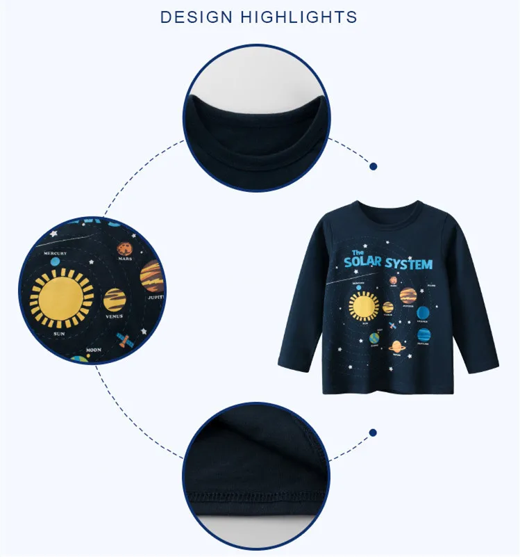 2024 Autumn Kids Space Planet Cartoon T-Shirts Clothes 100% Cotton Long Sleeve Tops Boys Girls Tees Bottoming Shirts