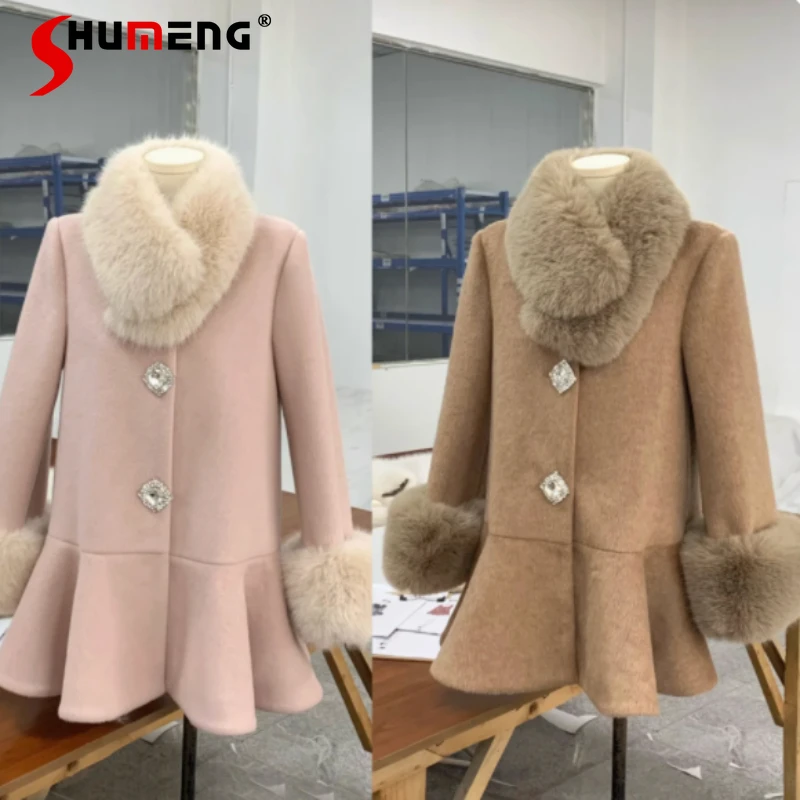 

Women's Solid Color Fashion Wool Cape Coats Rhinestone Buckle Long Sleeve Short Tweed Jackets Feminine Trendy High Street Tops