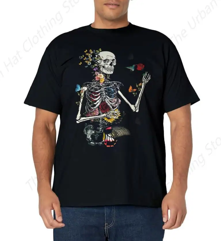 Skull And Rose Print Tees For Men, Casual Crew Neck Short Sleeve T-Shirt, Comfortable Breathable T-shirt for All Seasons