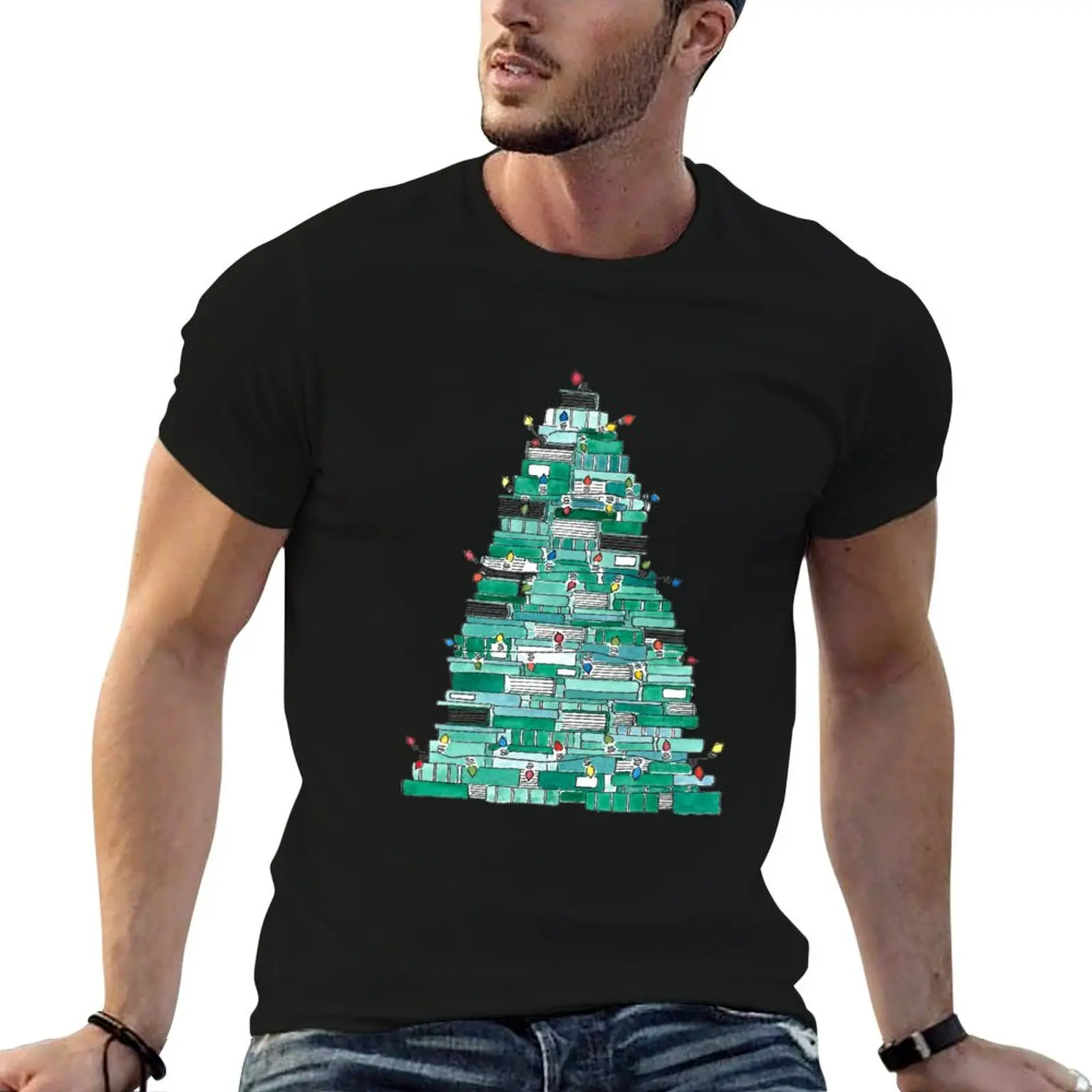 

Christmas Book Tree and Twinkle Lights T-Shirt t shirts for man slim fit man tshirt t shirts for man graphic funny T-Shirt