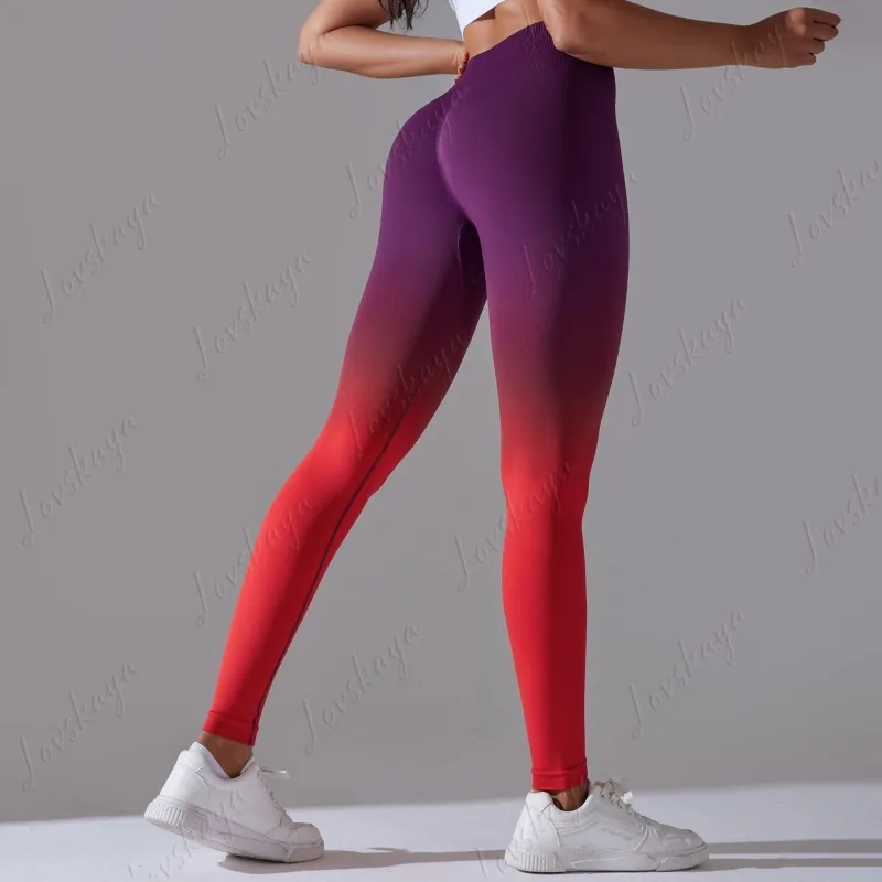 

Женские бесшовные трикотажные леггинсы для йоги с высокой талией, с эффектом постепенного перехода цвета, облегающие, для фитнеса и спорта, с эффектом подтяжки бедер