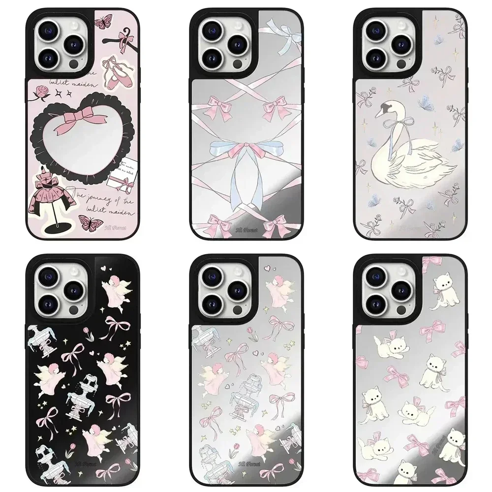 

Mirror Surface MagSafe Swan Bowknot Engraved Letters Phone Case Cover for iPhone 11 12 13 14 15 Pro Max Case