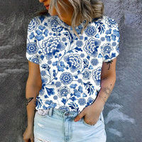 Summer Clothes Women 2024 Blue And White Vintage Floral Pattern Oversized T-shirt Round Collar Top Women S-5XL Clothing T-shirts