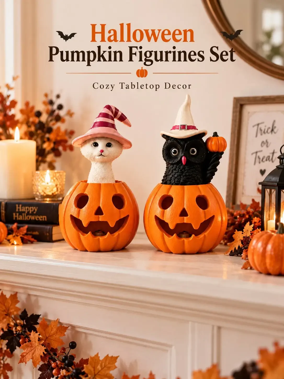 2PCS Halloween Pumpkin Decor Set, White Cat & Black Owl Witch Figurines, Cute Jack O Lantern Tabletop Decorations For Shelf, Mantel, Tiered Tray, Entryway, Halloween Party, Fall Harvest Home Decor