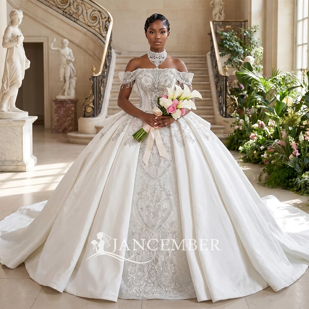 

Customized Vintage Bridal Ball Gown Off Shoulder Sequins Short Sleeves Wedding Dresses Sweep Train Bride Gown Made robe de marié