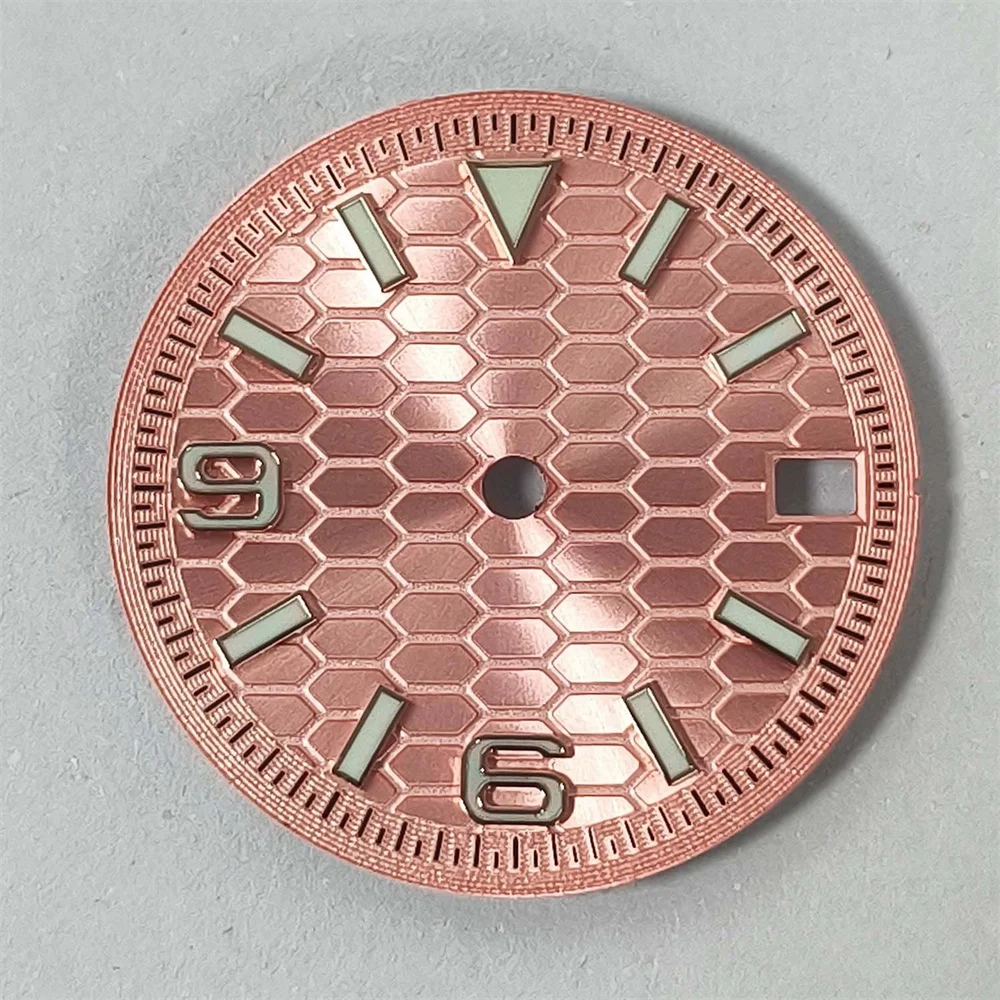 ملحقات تعديل الساعة 28.5 ملم بدون شعار ساعة Sunray قرص أخضر مضيء ترصيع الورد لحركة NH35/36/7S الأوتوماتيكية