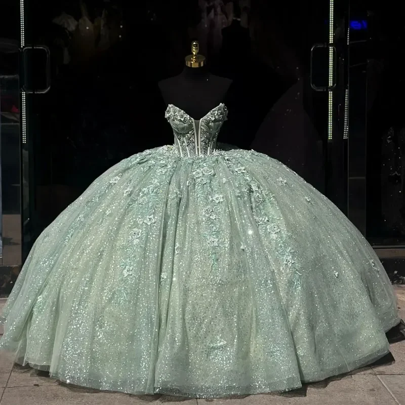 Shinning Mint Green Quinceanera Dresses Sexy Spaghetti Strap Birthday Party Ball Gowns Tull Princess vestidos de 15 quinceañera