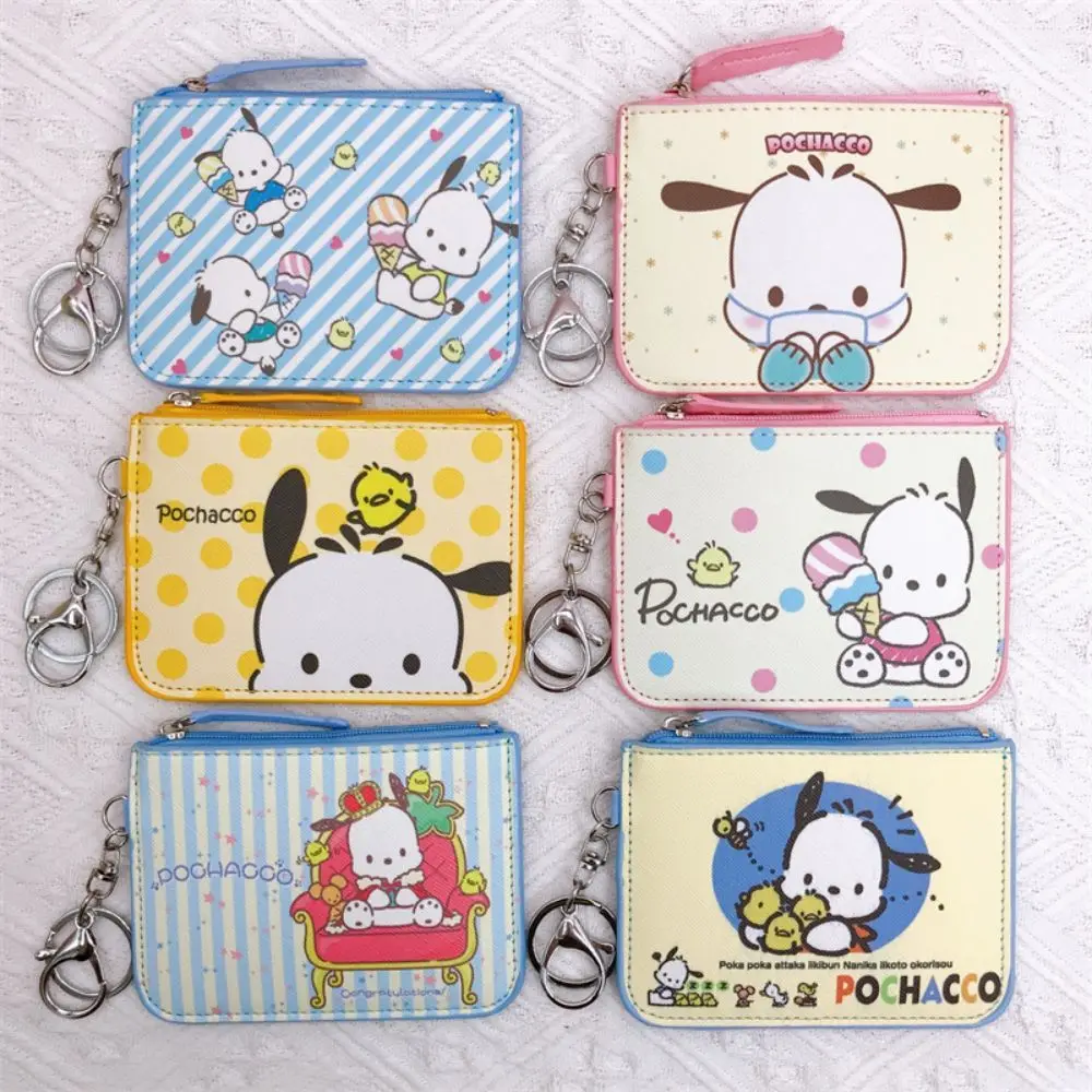 Pochacco Wallet PU Leather Sanrio Card Holder Women Girls Zipper Change Purse Students Mini Key Card Bag With Keychain Coin Bag