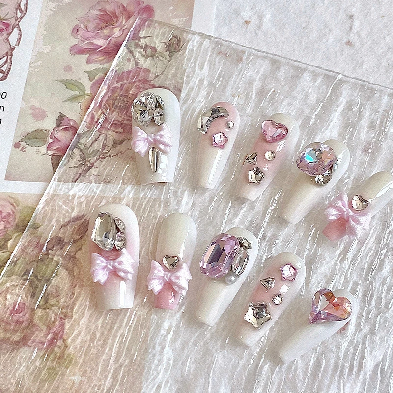 Witte perzik vol diamanten Super glitter ijs nep nagelpatches roze gradiëntboog handgemaakte pers op nagels kunstnagels