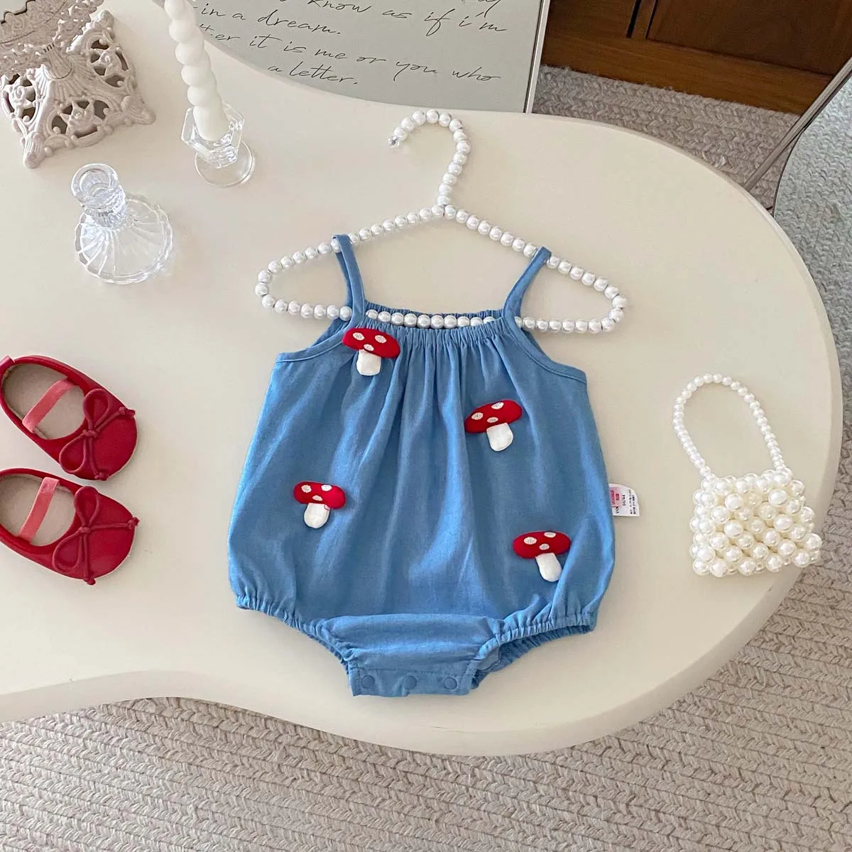 Summer baby cute three-dimensional mushroom sling jumpsuit, baby girl summer comfortable and cute sling jumpsuit, very suitable