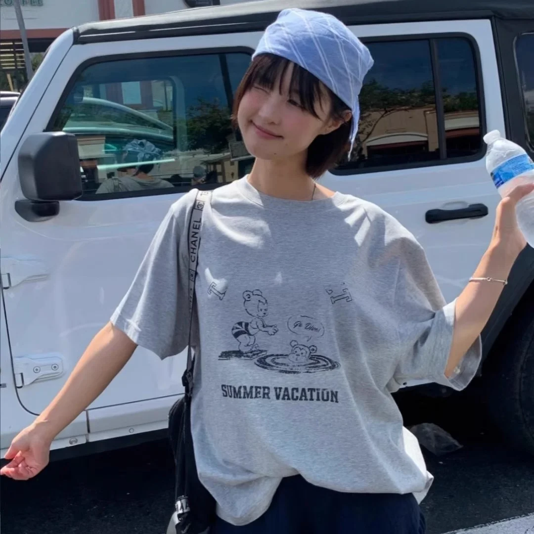 Summer 2025 Women's round Ne ort Sve T-irt Letter Print Loose Fit Cotton Casual Comfortable Top for Commuting