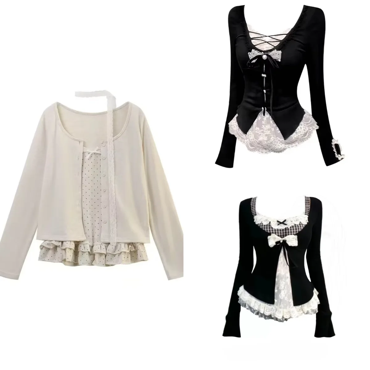 Damen Koreanischer Ballett-Stil Langarm-Cardigan Coquette Ästhetik Shoujo Vintage 2000er Slim Casual T-Shirt Top