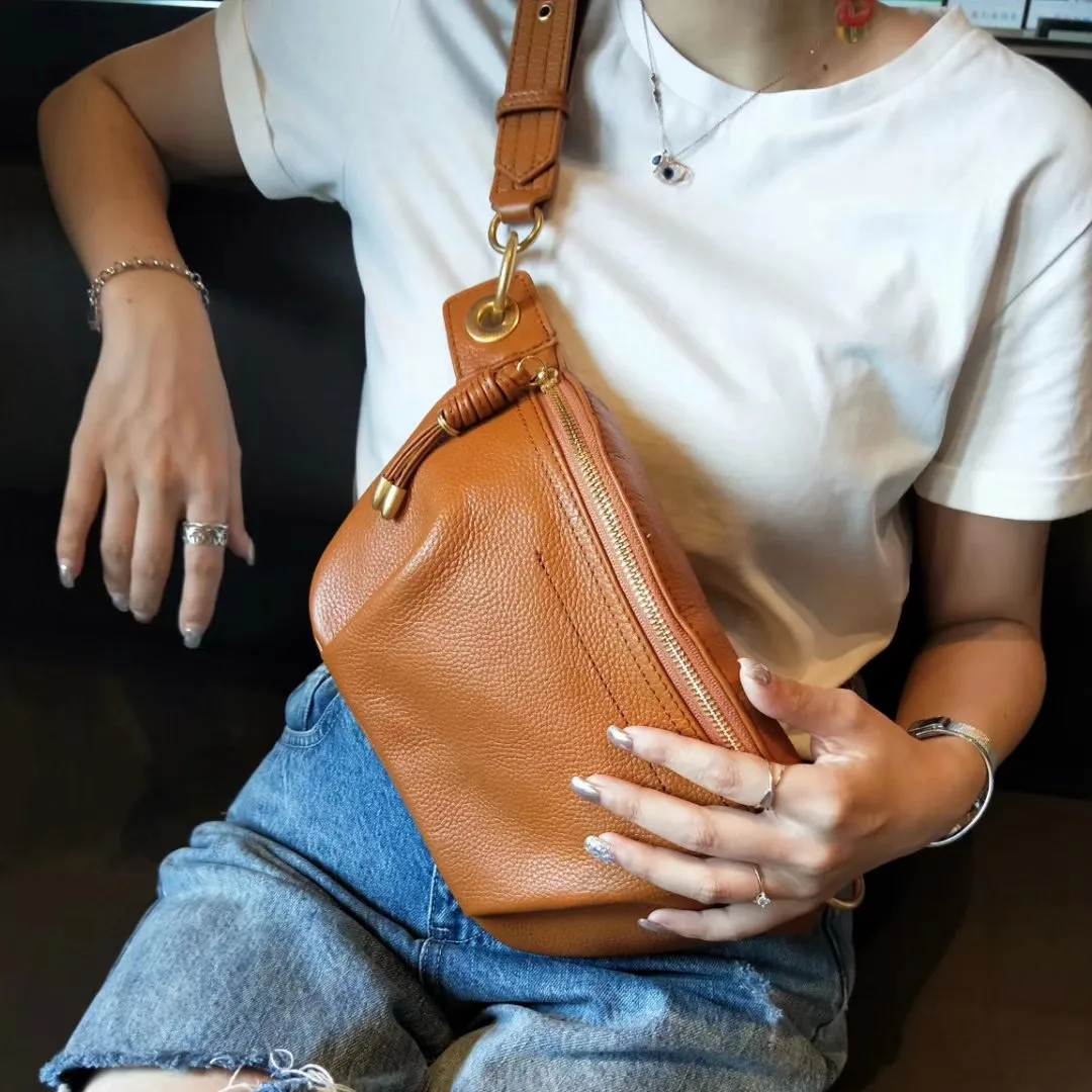 New chest bag female fashion waist bag head layer cowhide wide shoulder strap single shoulder crossbody bag