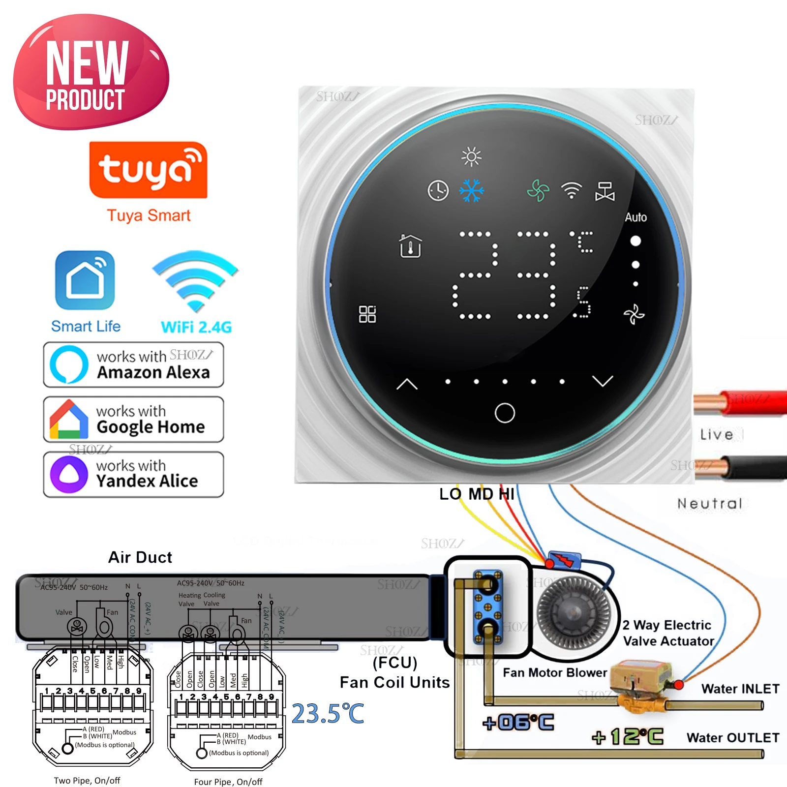 

TUYA Programmable Smart Wi-Fi Thermostat Heating and Cooling Control Dry Contact Valve Switch, Three-Speed ​​Fan with Alexa